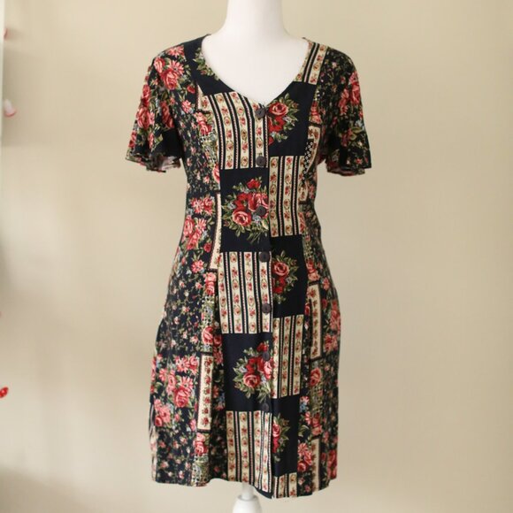 Vintage 90s Navy Floral Button Up Mini Dress (XS) - Picture 1 of 7